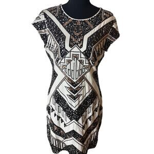 Express Geometric Sequin Dress L Black Gold Cream Art Deco Bodycon Cocktail